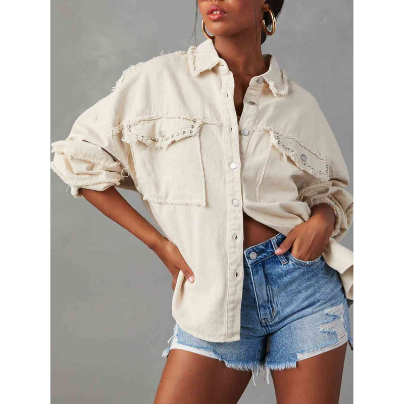 The Button Down Raw Hem Denim Jacket in Extended Sizes
