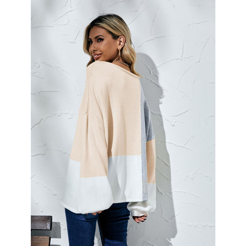 The Color Block Balloon Sleeve Boat Neck Sweater Yellow, Black or Beige